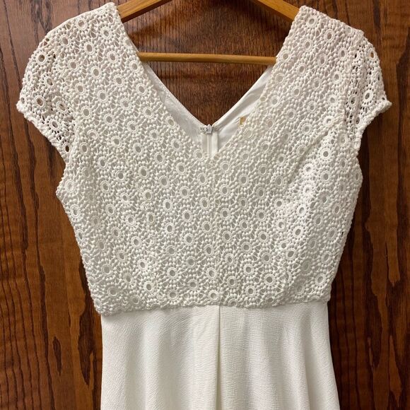 Altar'd State deep‎ v neck and back White satin mini dress w/ lace bodice - Picture 3 of 7